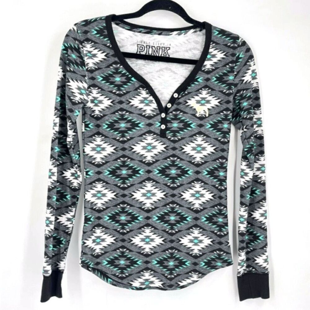 Victoria’s Secret Tribal Southwestern Print Long‎ Sleeve Ribbed Henley Top Small